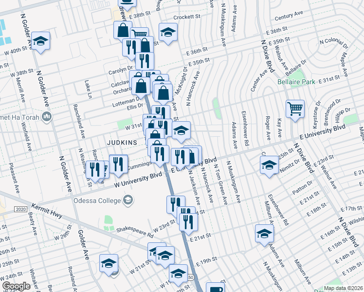 map of restaurants, bars, coffee shops, grocery stores, and more near 300 East 29th Street in Odessa