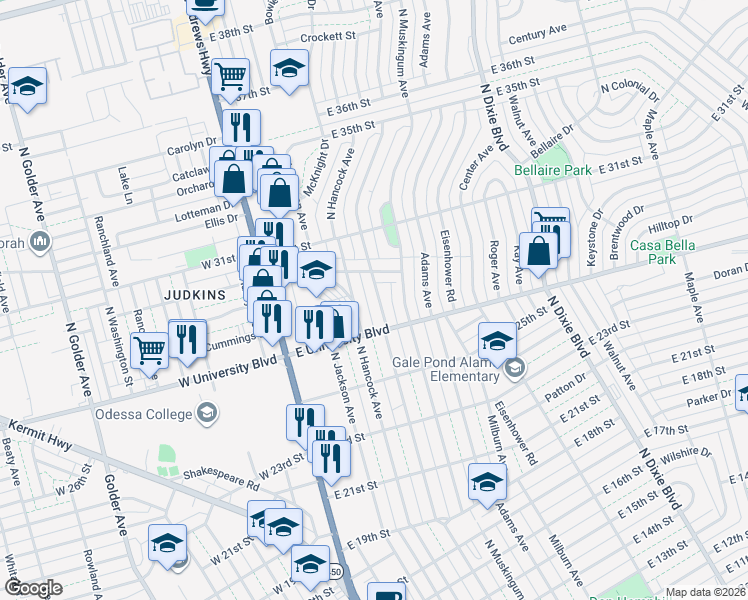 map of restaurants, bars, coffee shops, grocery stores, and more near 2713 North Tom Green Avenue in Odessa