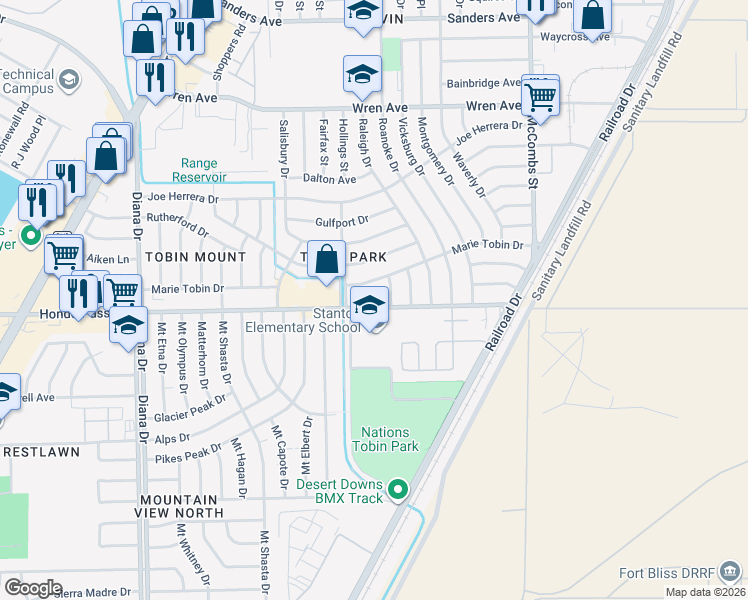map of restaurants, bars, coffee shops, grocery stores, and more near 5411 Hondo Pass Drive in El Paso