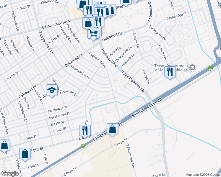 map of restaurants, bars, coffee shops, grocery stores, and more near 1300 Tanglewood Lane in Odessa