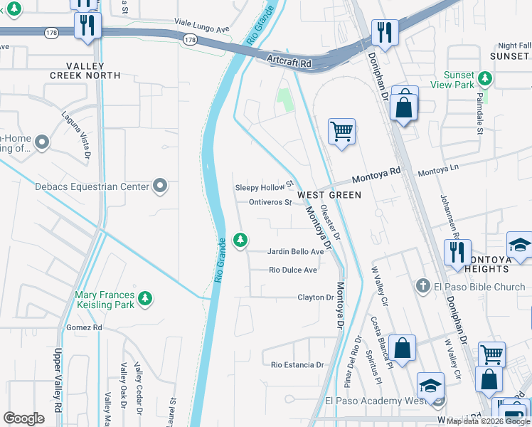 map of restaurants, bars, coffee shops, grocery stores, and more near 375 Arroyo Grande Drive in El Paso