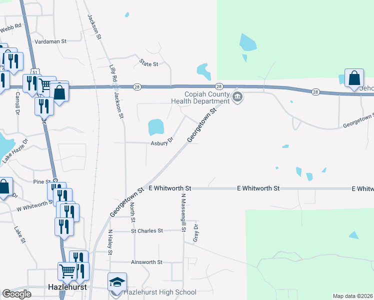 map of restaurants, bars, coffee shops, grocery stores, and more near 562 Georgetown Street in Hazlehurst