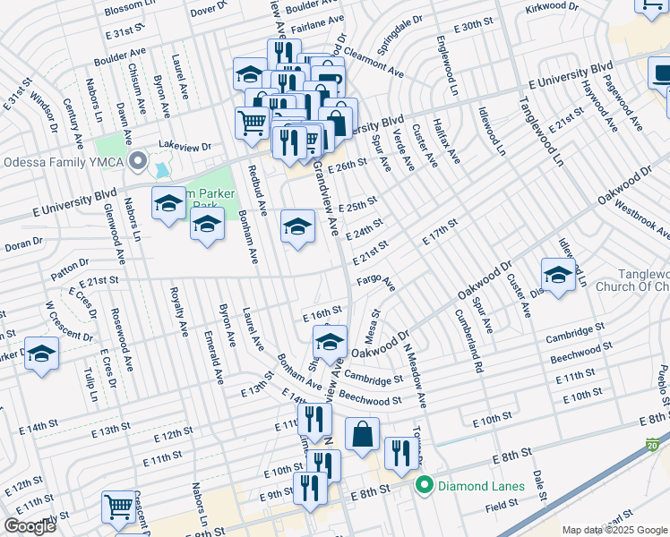 map of restaurants, bars, coffee shops, grocery stores, and more near 2330 East 21st Street in Odessa
