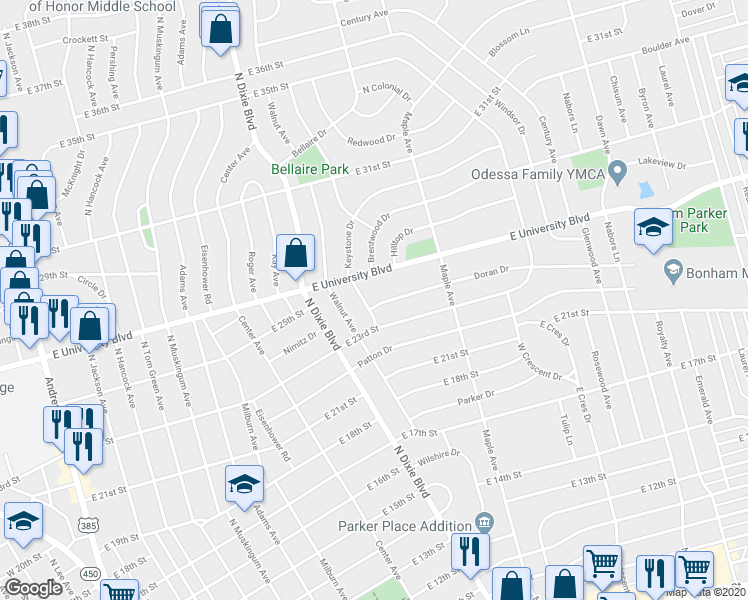 map of restaurants, bars, coffee shops, grocery stores, and more near 1203 Doran Drive in Odessa