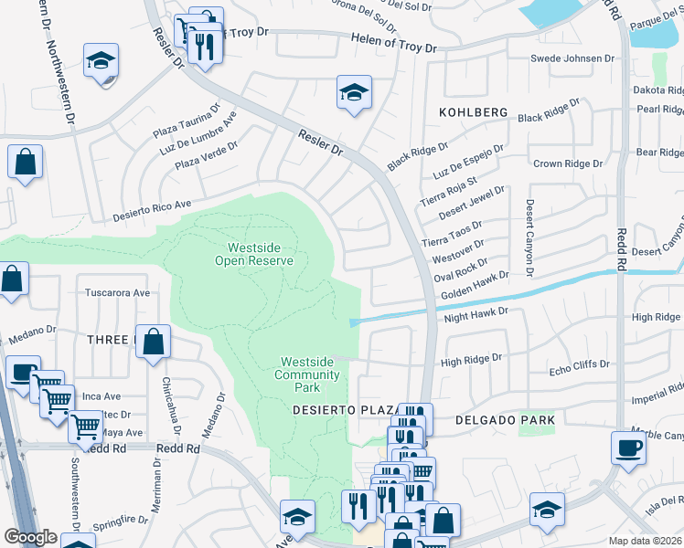map of restaurants, bars, coffee shops, grocery stores, and more near 7374 Desierto Rico Avenue in El Paso
