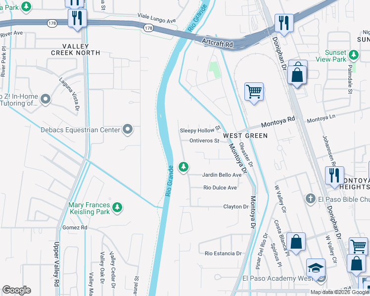 map of restaurants, bars, coffee shops, grocery stores, and more near 5932 Sixta Drive in El Paso