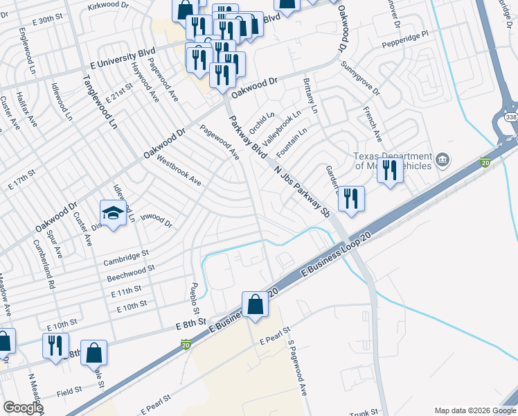 map of restaurants, bars, coffee shops, grocery stores, and more near 1300 Tanglewood Ln in Odessa