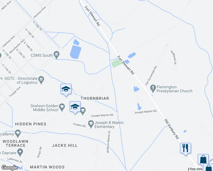 map of restaurants, bars, coffee shops, grocery stores, and more near 811 Sagewood Drive in Hinesville