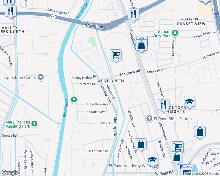 map of restaurants, bars, coffee shops, grocery stores, and more near 5932 Oleaster Drive in El Paso