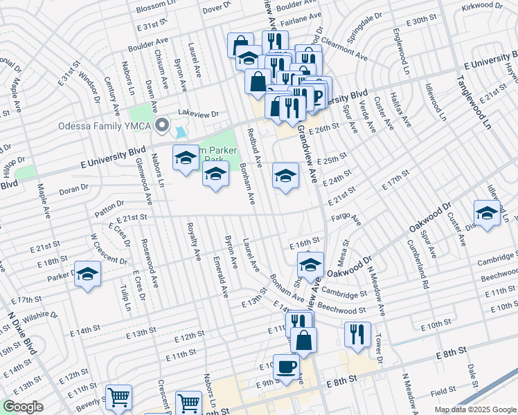 map of restaurants, bars, coffee shops, grocery stores, and more near 2104 Bonham Ave in Odessa