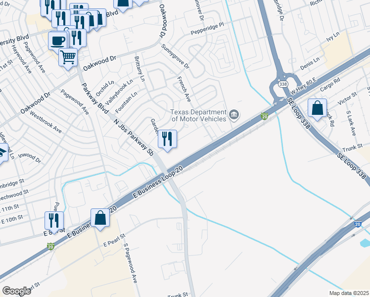 map of restaurants, bars, coffee shops, grocery stores, and more near 3031 Interstate 20 Business Loop in Odessa