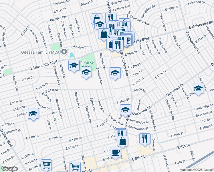 map of restaurants, bars, coffee shops, grocery stores, and more near 2104 Bonham Avenue in Odessa