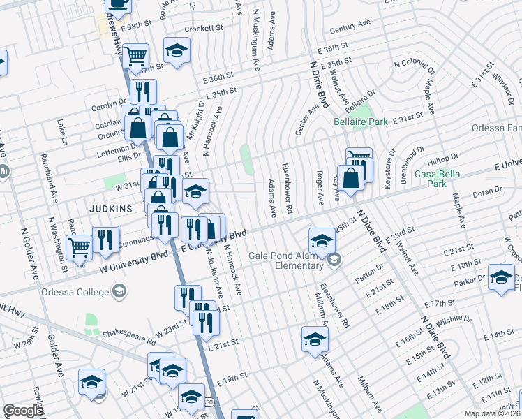 map of restaurants, bars, coffee shops, grocery stores, and more near 2710 N Muskingum Ave in Odessa