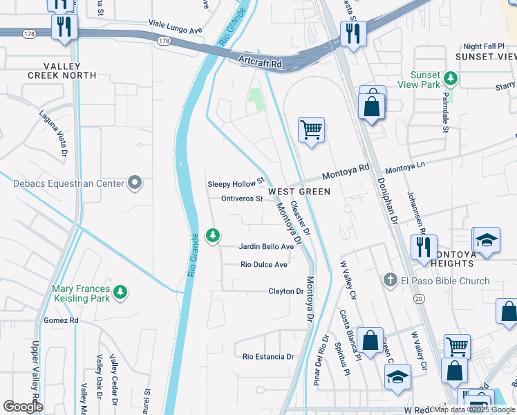map of restaurants, bars, coffee shops, grocery stores, and more near 5915 Arroyo Sereno Court in El Paso