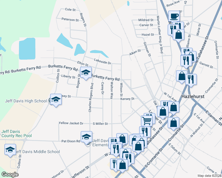 map of restaurants, bars, coffee shops, grocery stores, and more near 89 Walton Way in Hazlehurst