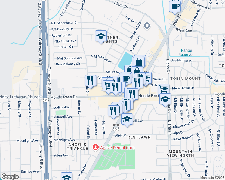 map of restaurants, bars, coffee shops, grocery stores, and more near 4747 Hondo Pass Drive in El Paso