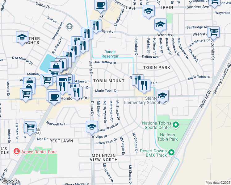 map of restaurants, bars, coffee shops, grocery stores, and more near 5112 Marie Tobin Drive in El Paso
