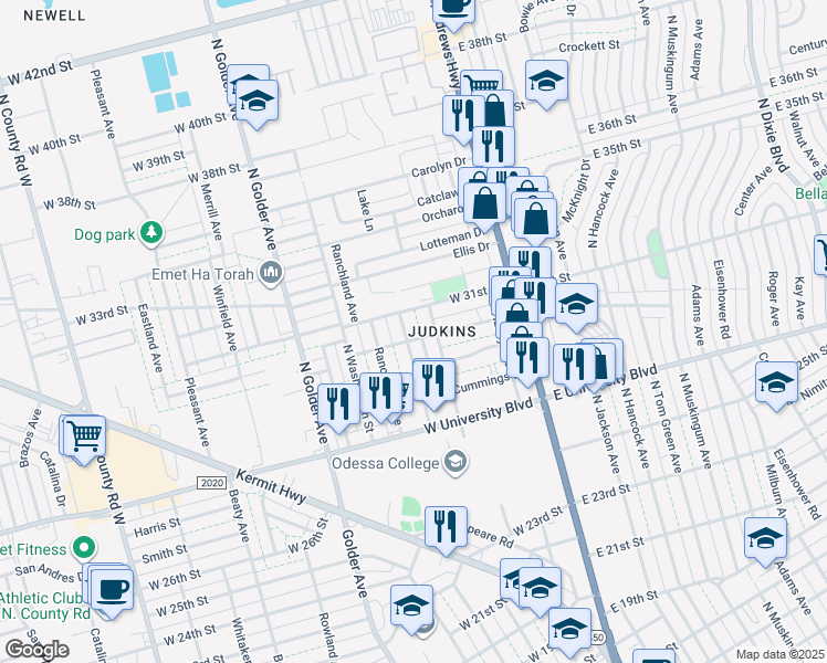map of restaurants, bars, coffee shops, grocery stores, and more near 3002 Henderson Avenue in Odessa