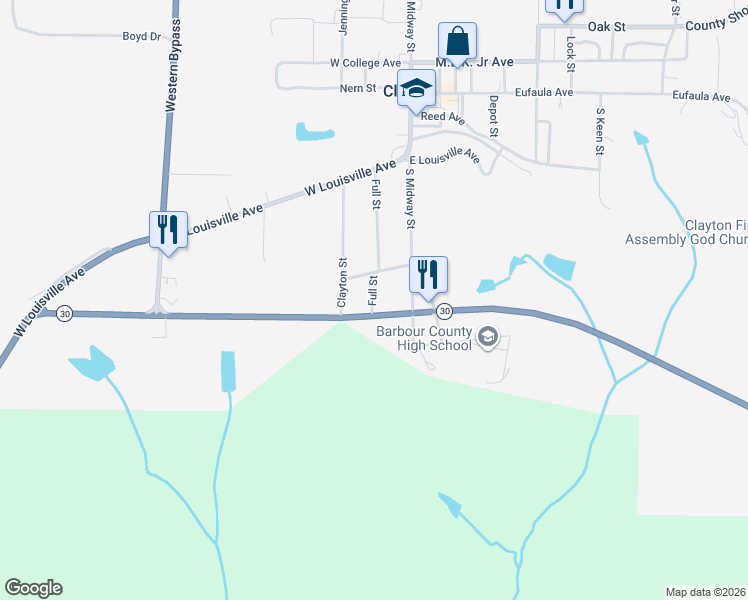 map of restaurants, bars, coffee shops, grocery stores, and more near 3600 Highway 30 in Clayton