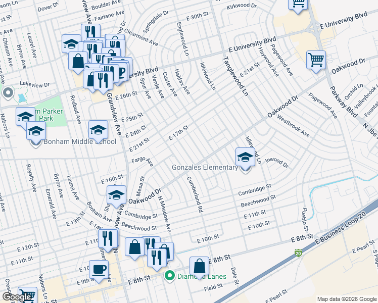 map of restaurants, bars, coffee shops, grocery stores, and more near 1508 Spur Avenue in Odessa