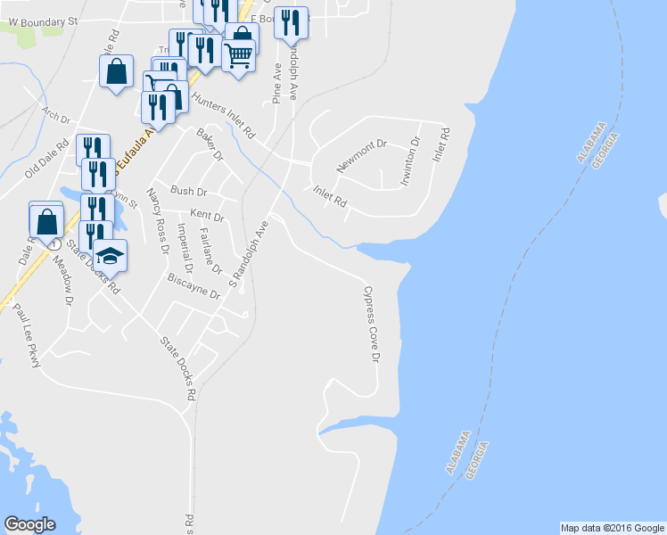 map of restaurants, bars, coffee shops, grocery stores, and more near 209 Cypress Cove Drive in Eufaula
