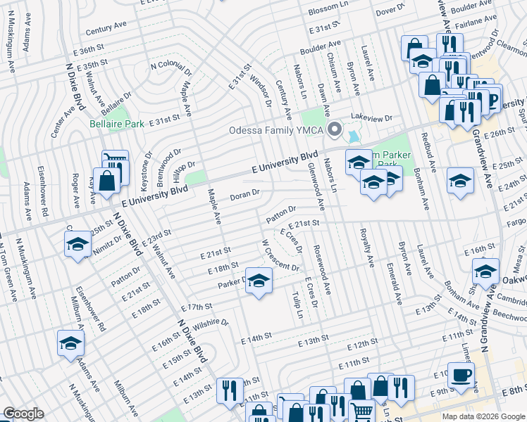 map of restaurants, bars, coffee shops, grocery stores, and more near 1602 Eastover Drive in Odessa