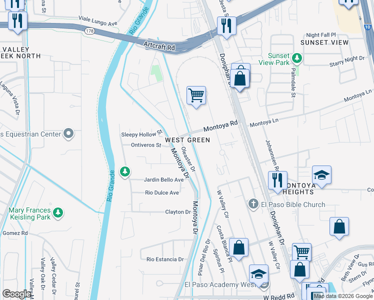 map of restaurants, bars, coffee shops, grocery stores, and more near 5932 Oleaster Drive in El Paso