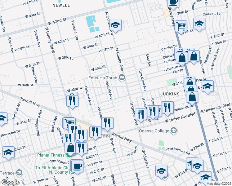 map of restaurants, bars, coffee shops, grocery stores, and more near 3104 Merrill Ave in Odessa