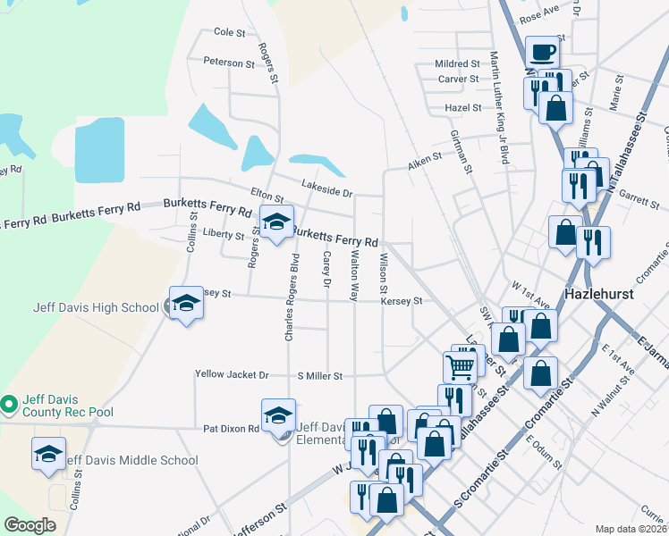 map of restaurants, bars, coffee shops, grocery stores, and more near 89 Walton Way in Hazlehurst