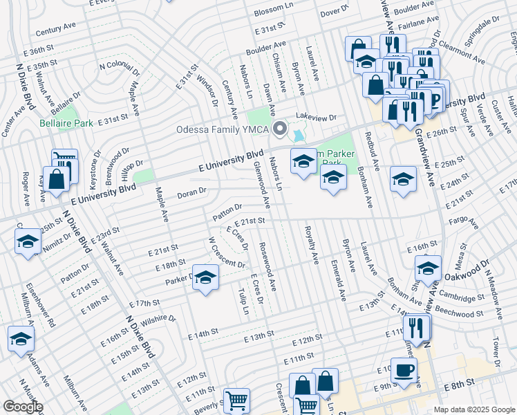 map of restaurants, bars, coffee shops, grocery stores, and more near 1802 Patton Drive in Odessa