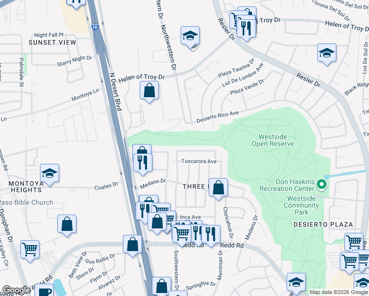 map of restaurants, bars, coffee shops, grocery stores, and more near 1229 Southwestern Drive in El Paso