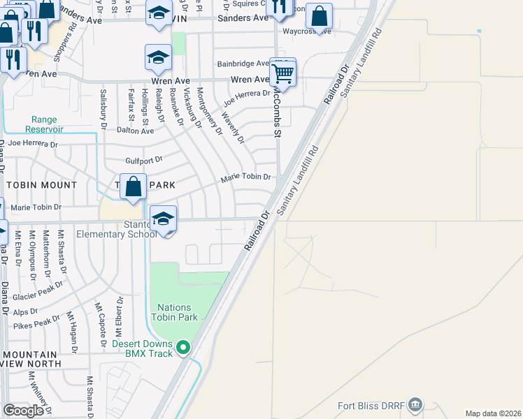 map of restaurants, bars, coffee shops, grocery stores, and more near 5714 Elkton Way in El Paso