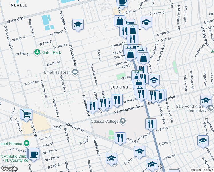 map of restaurants, bars, coffee shops, grocery stores, and more near 3002 Henderson Avenue in Odessa