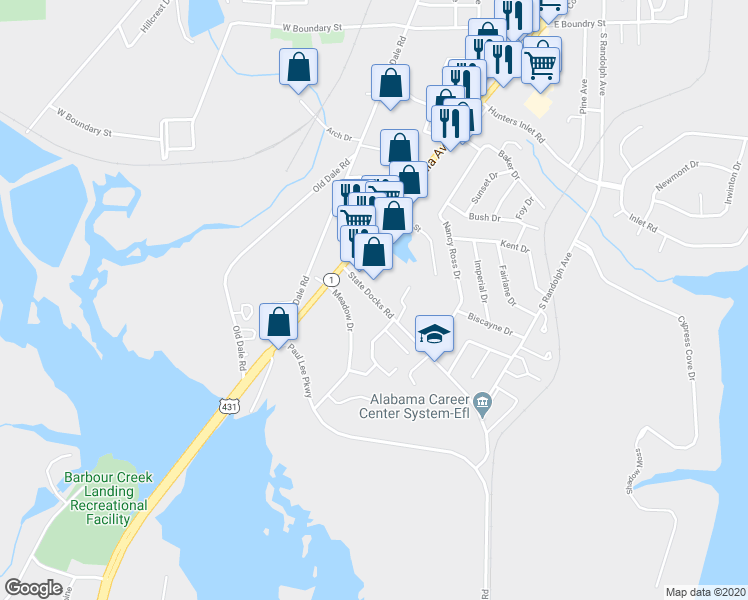 map of restaurants, bars, coffee shops, grocery stores, and more near 175 State Docks Road in Eufaula