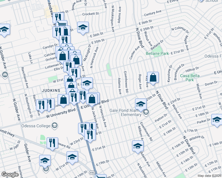 map of restaurants, bars, coffee shops, grocery stores, and more near 2710 North Muskingum Avenue in Odessa
