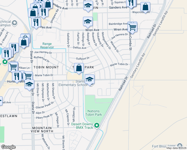 map of restaurants, bars, coffee shops, grocery stores, and more near 5411 Hondo Pass Drive in El Paso