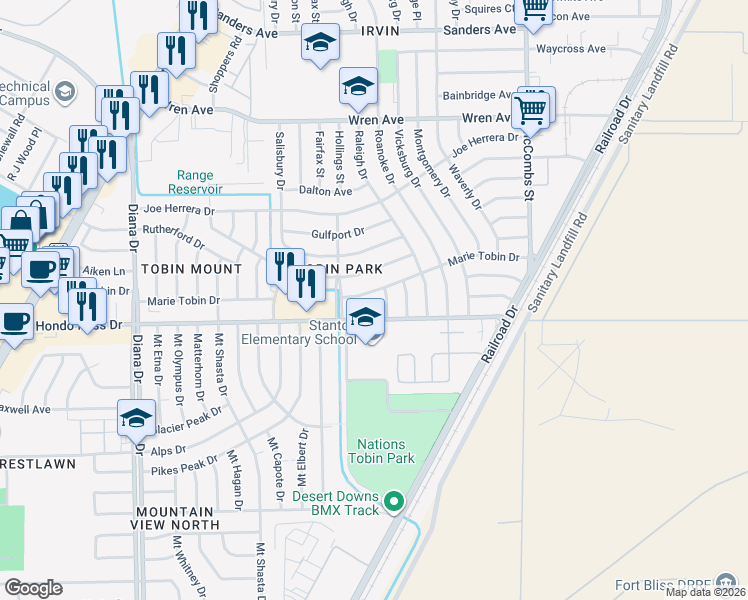 map of restaurants, bars, coffee shops, grocery stores, and more near 5411 Hondo Pass Drive in El Paso