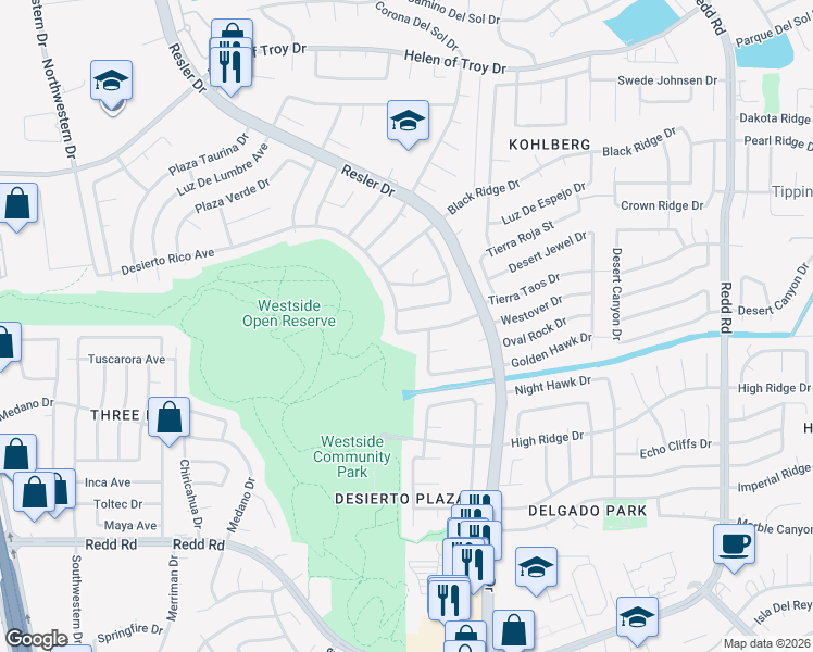 map of restaurants, bars, coffee shops, grocery stores, and more near 7374 Desierto Rico Avenue in El Paso