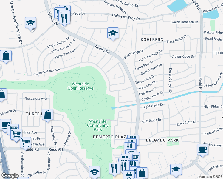 map of restaurants, bars, coffee shops, grocery stores, and more near 7374 Desierto Rico Avenue in El Paso