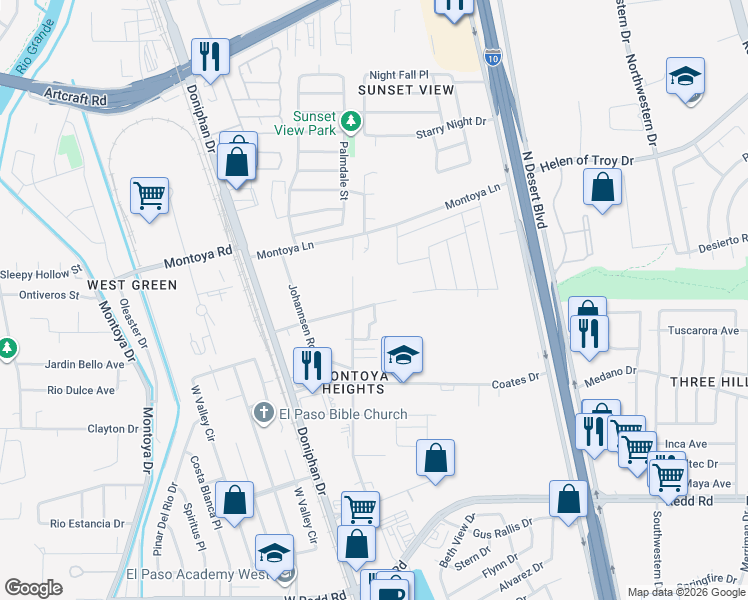 map of restaurants, bars, coffee shops, grocery stores, and more near 301 Edgar Road in El Paso