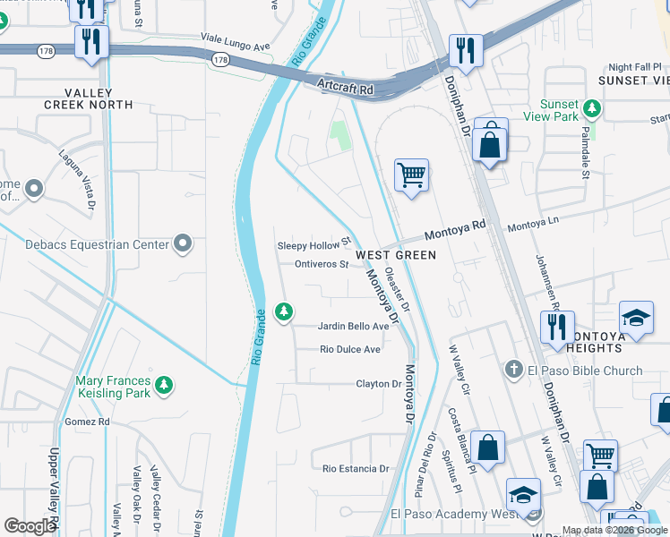 map of restaurants, bars, coffee shops, grocery stores, and more near 5915 Arroyo Sereno Court in El Paso