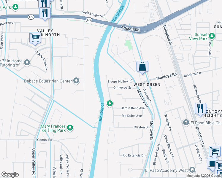 map of restaurants, bars, coffee shops, grocery stores, and more near 5932 Sixta Drive in El Paso