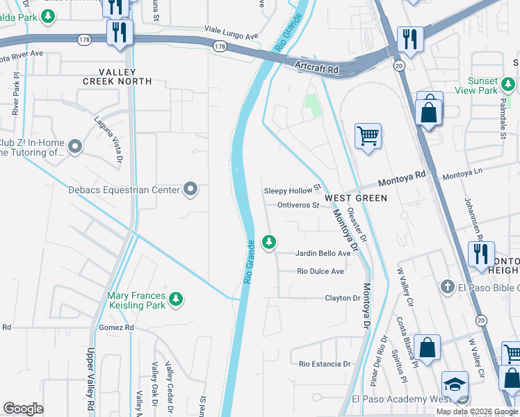 map of restaurants, bars, coffee shops, grocery stores, and more near 5932 Sixta Drive in El Paso