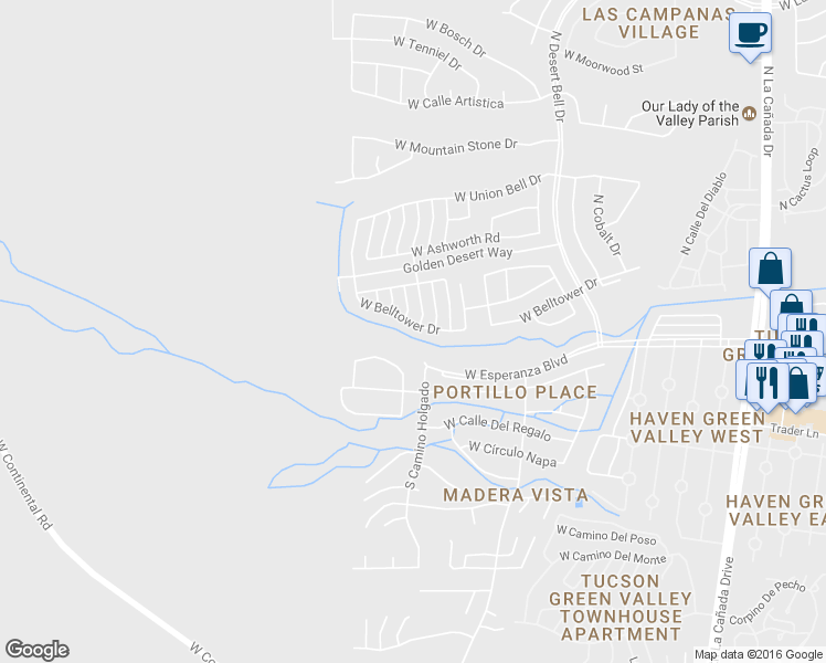 map of restaurants, bars, coffee shops, grocery stores, and more near 1051 West Belltower Drive in Green Valley