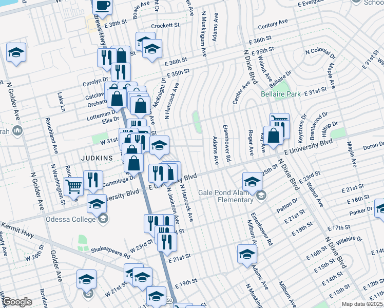 map of restaurants, bars, coffee shops, grocery stores, and more near 2718 North Tom Green Avenue in Odessa