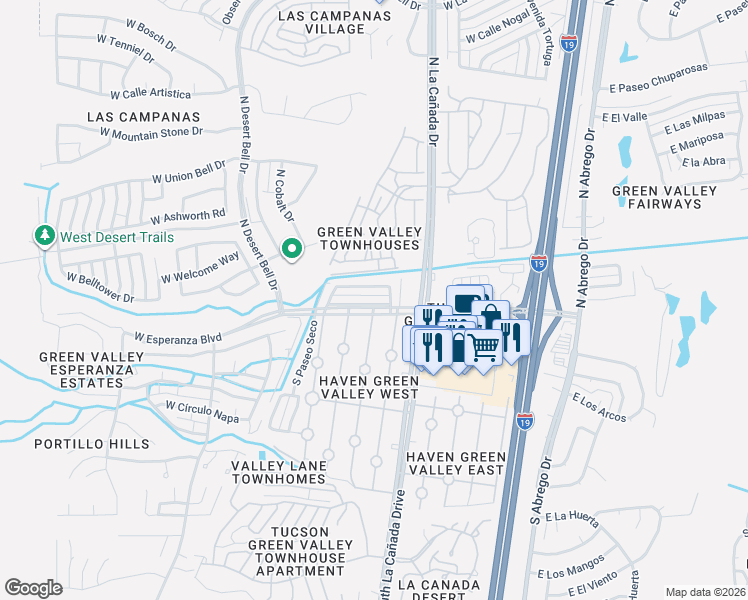 map of restaurants, bars, coffee shops, grocery stores, and more near 426 West Esperanza Boulevard in Green Valley