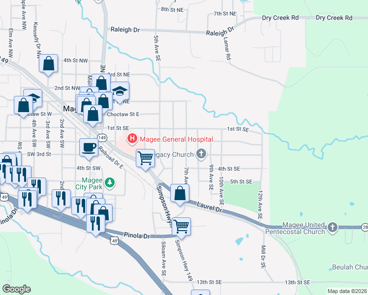 map of restaurants, bars, coffee shops, grocery stores, and more near 314 7th Avenue Southeast in Magee