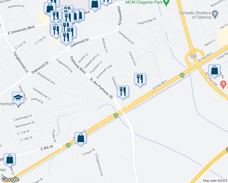map of restaurants, bars, coffee shops, grocery stores, and more near 4601 Lemonwood Lane in Odessa