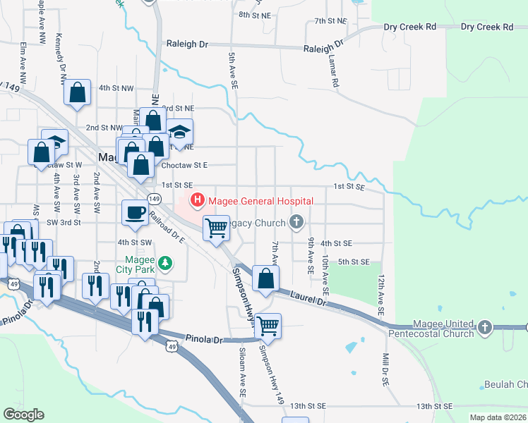 map of restaurants, bars, coffee shops, grocery stores, and more near 314-398 7th Avenue Southeast in Magee