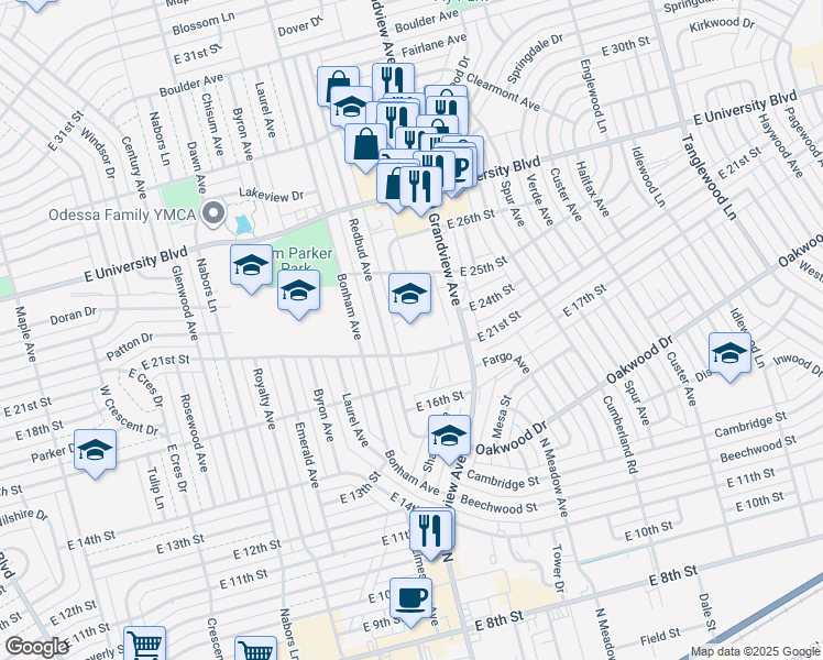map of restaurants, bars, coffee shops, grocery stores, and more near 2321 East 21st Street in Odessa